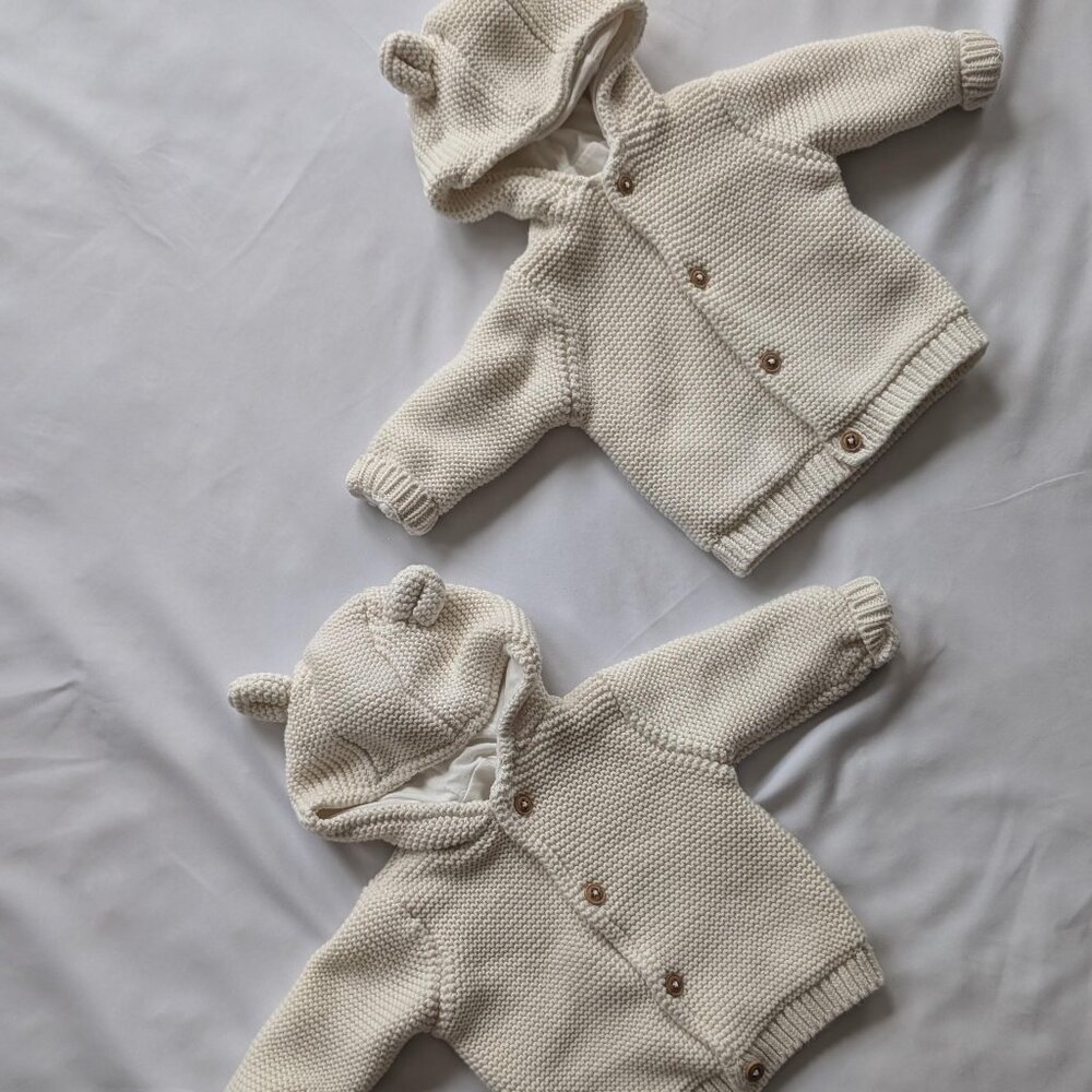 Twin cardigans and pom pom hats bundle